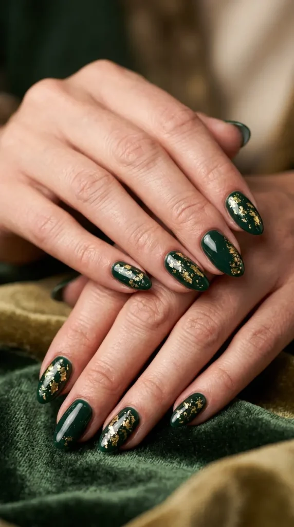 Forest Green Gold Foil Nails