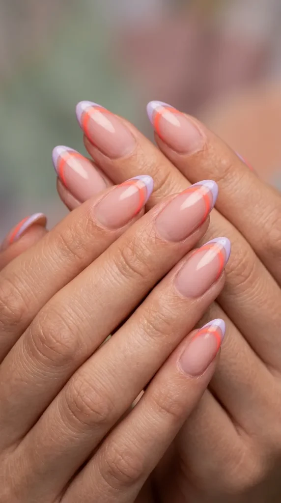 French almond nails with colorful double tips