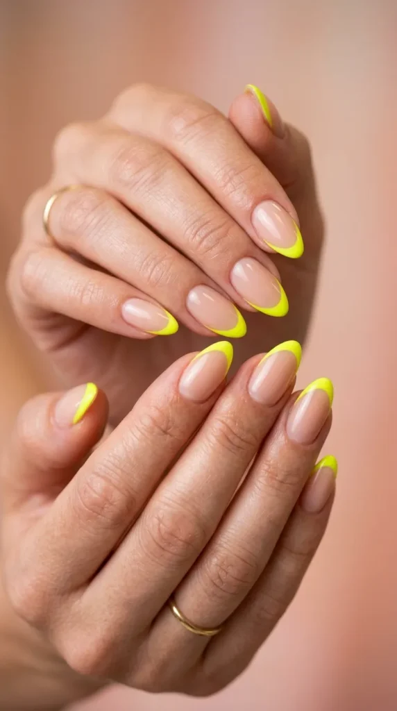 French tip almond nails with neon yellow tips
