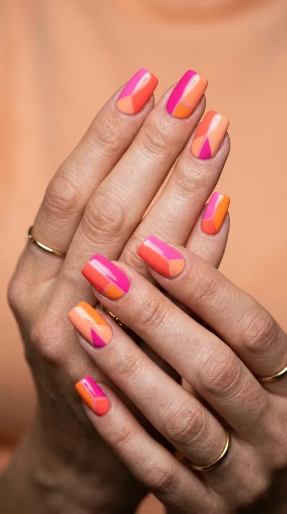 geometric pinkorange block nails