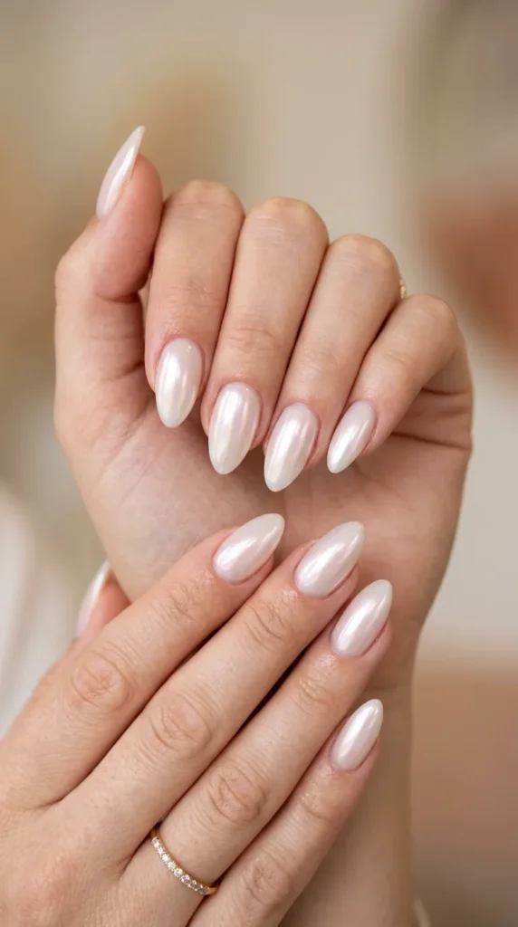 Glazed donut almond nails with soft pearl chrome finish