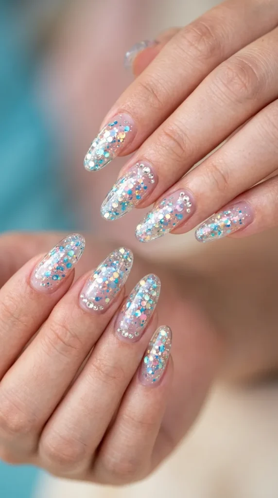 Glitter encapsulated clear nails with tiny rhinestones
