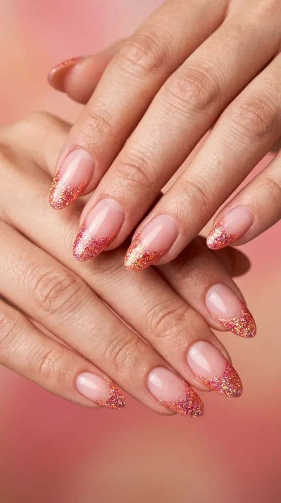 glitter french pinkorange nails