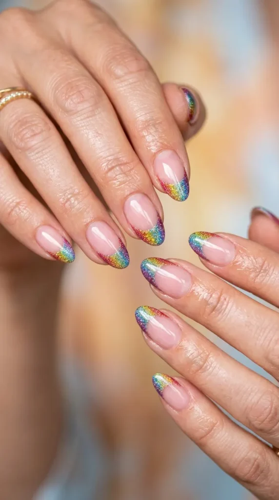 Glitter-Dipped Rainbow French Tips