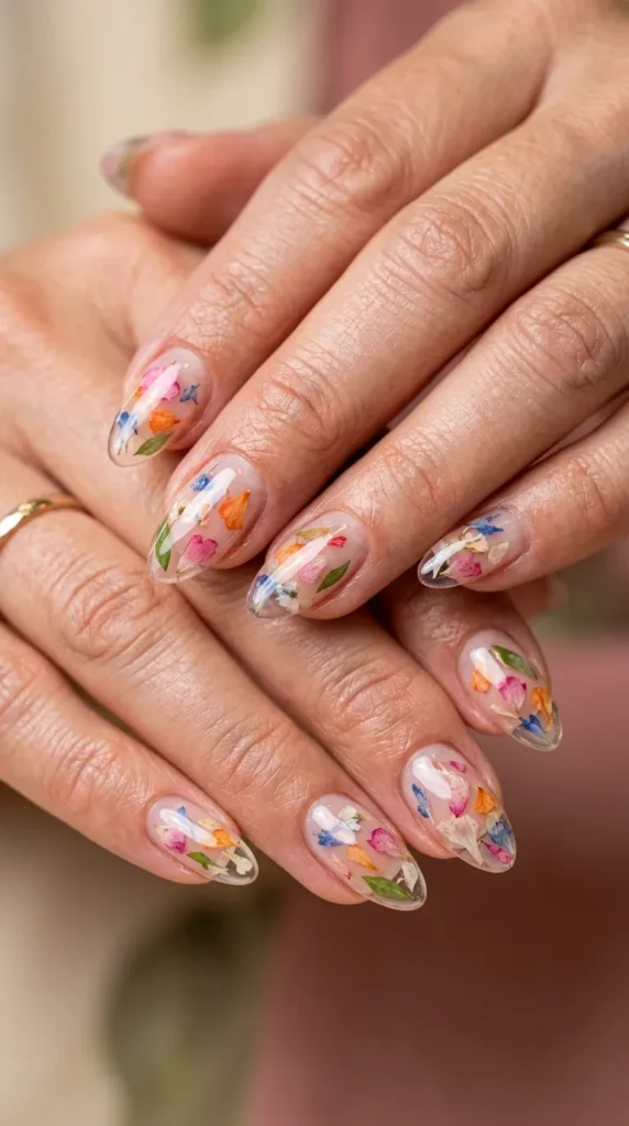 Glossy Clear Nails with Floating Petals