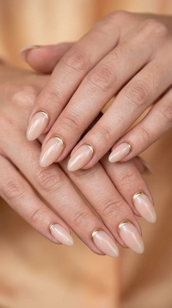 Gold chrome cuticle outline almond nails