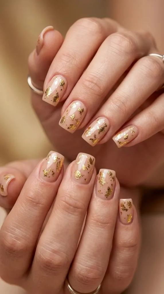 Gold Foil Nude Square Nails