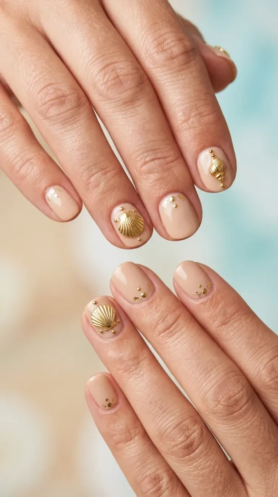 Gold Seashell Accent Nails