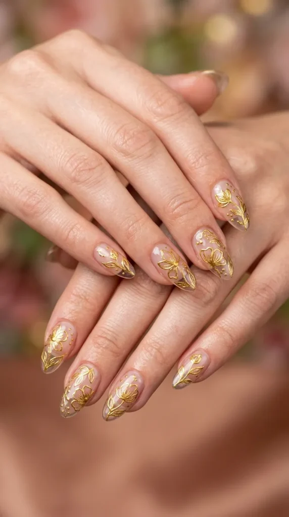 Golden Outline Floral Transparent Nails