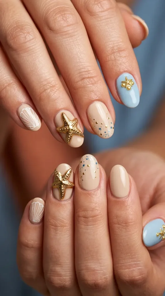 Golden Starfish Nails