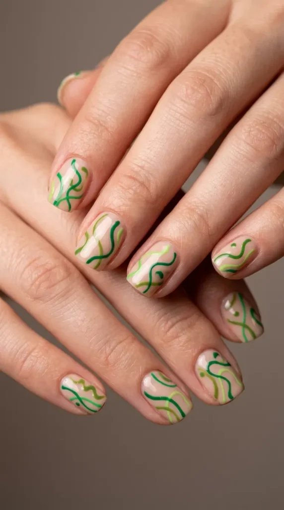 Green Abstract Line Art Nails