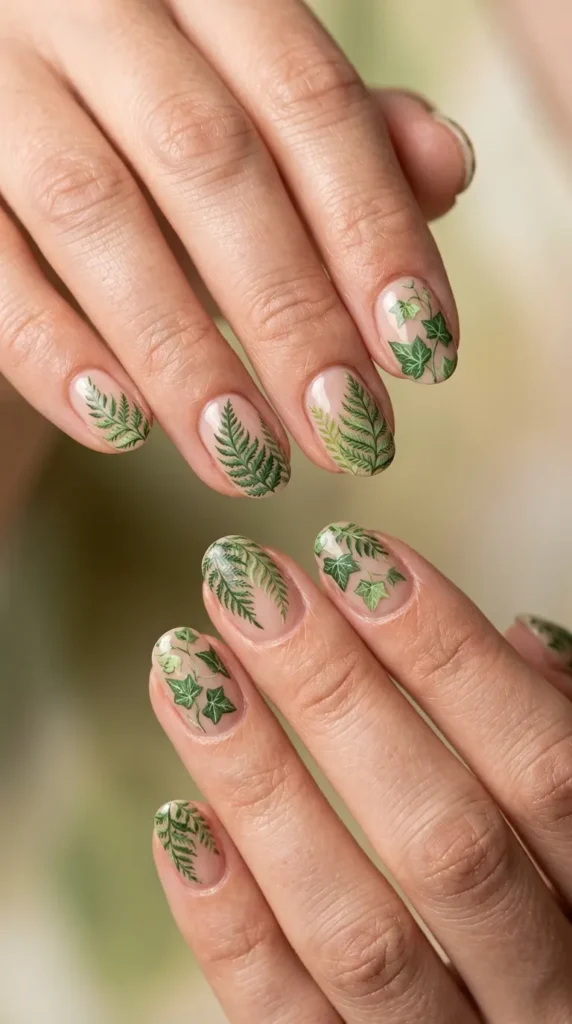 Green Botanical Leaf Nails