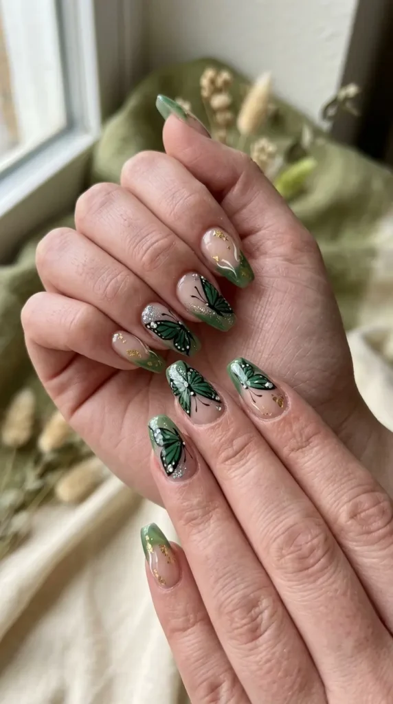 Green Butterfly Acrylic Nails