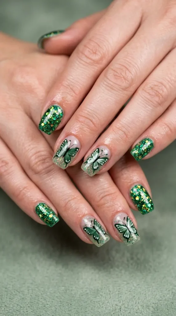 Green Butterfly & Glitter Mix Nails