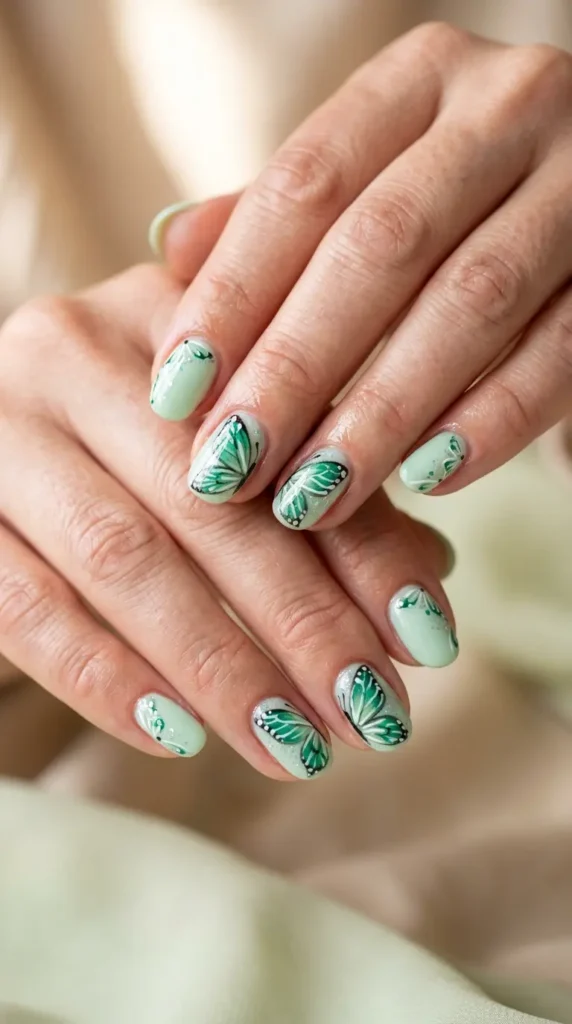 Green Butterfly Nail Design