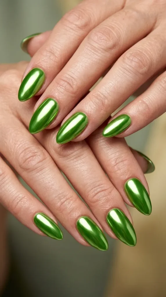 Green Chrome Almond Nails