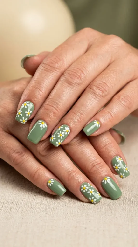 Green Daisy Nail Art