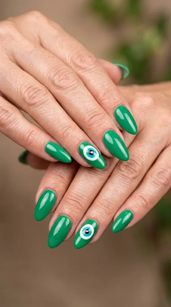Green Evil Eye Accent Nails
