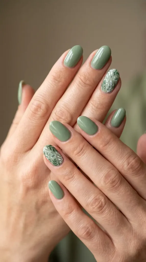 Green Floral Accent Nails