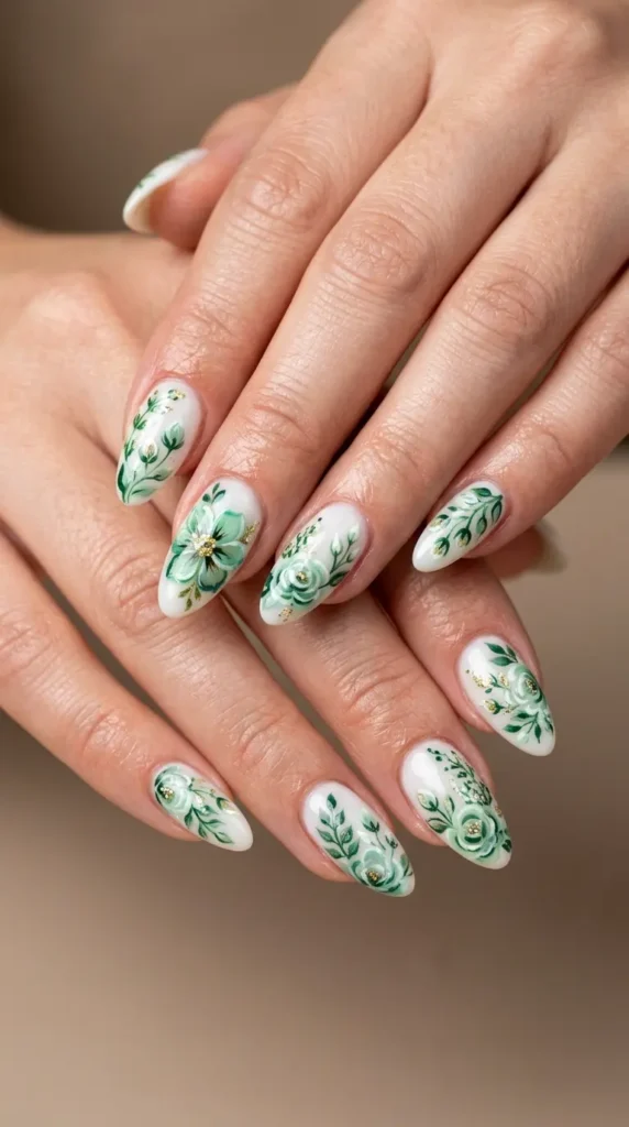 Green Floral Acrylic Nails