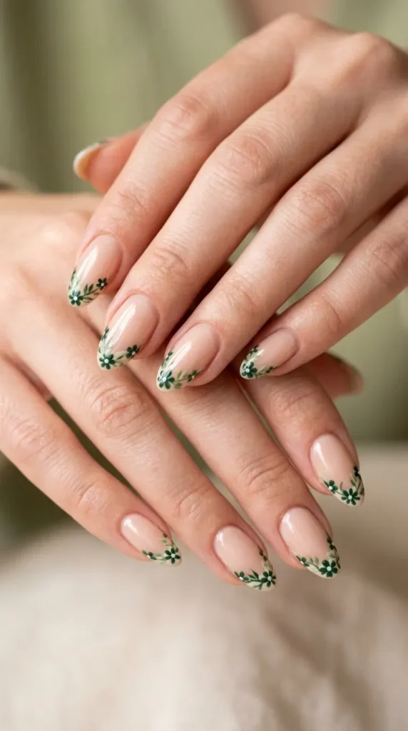 Green Floral French Tips