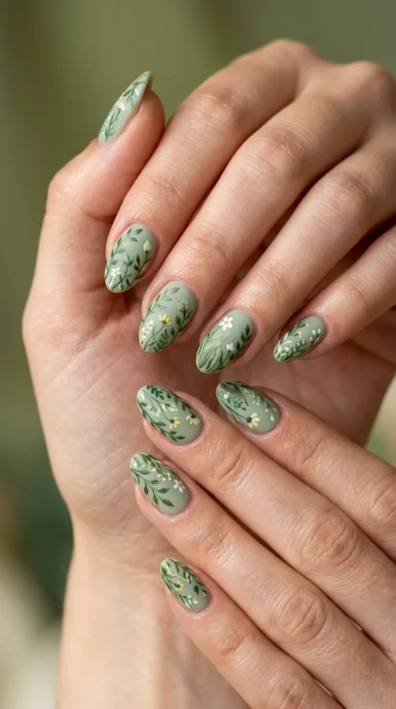 Green Floral Garden Nails