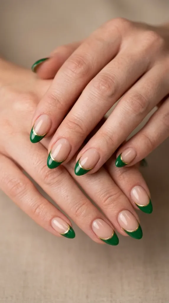 Green French Tips with Gold Outline
