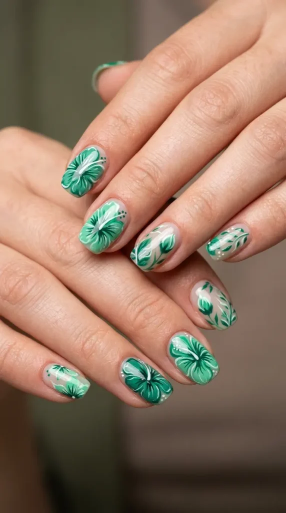 Green Hibiscus Flower Nails