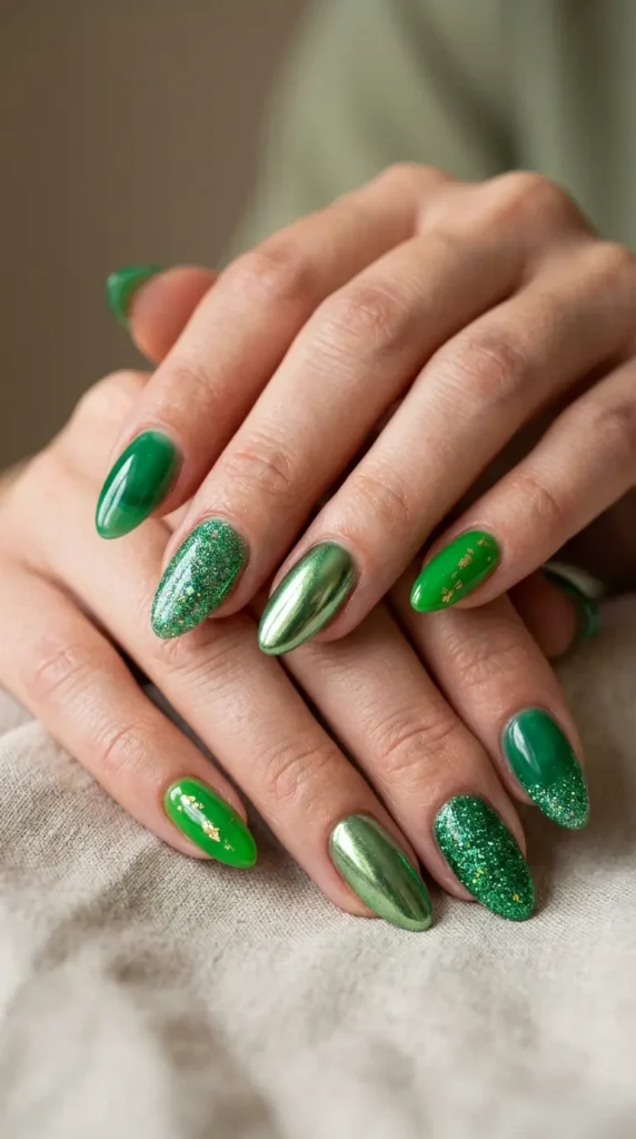Green Mixed Texture Nails (Chrome, Jelly & Glitter)