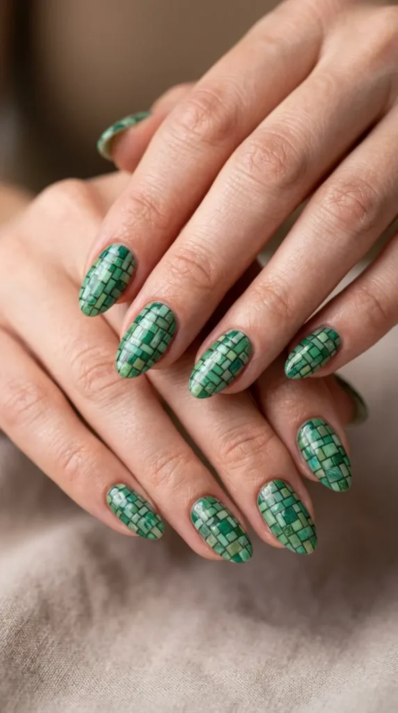 Green Mosaic Tile Nails