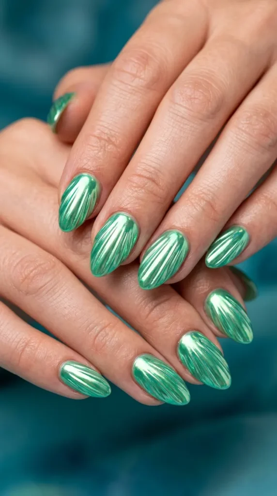Green Seashell Chrome Nails