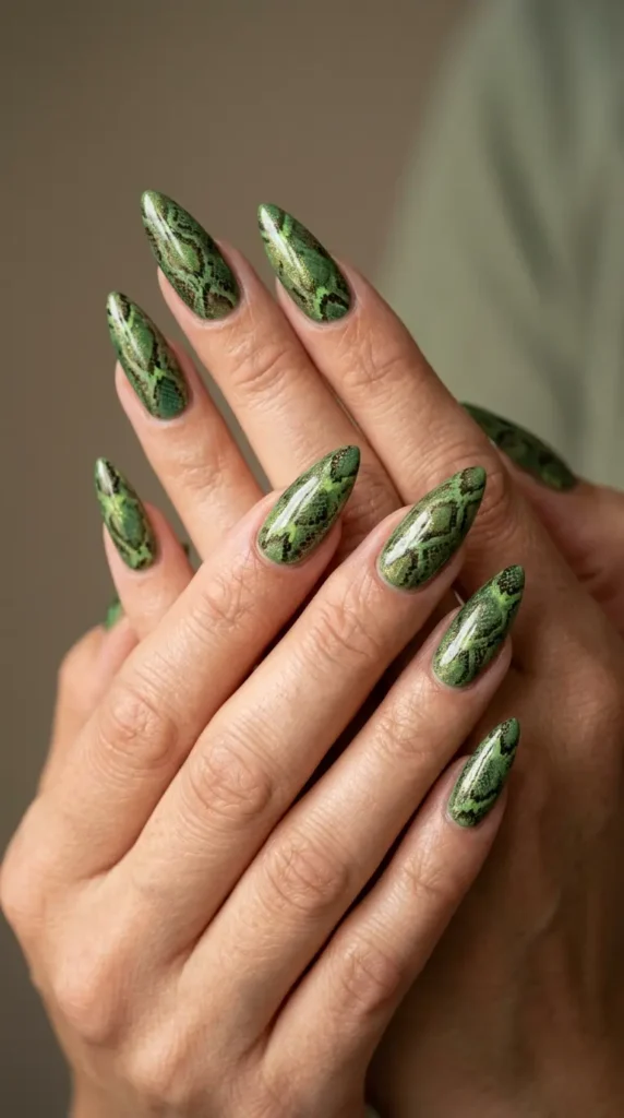 Green Snake Print Nails