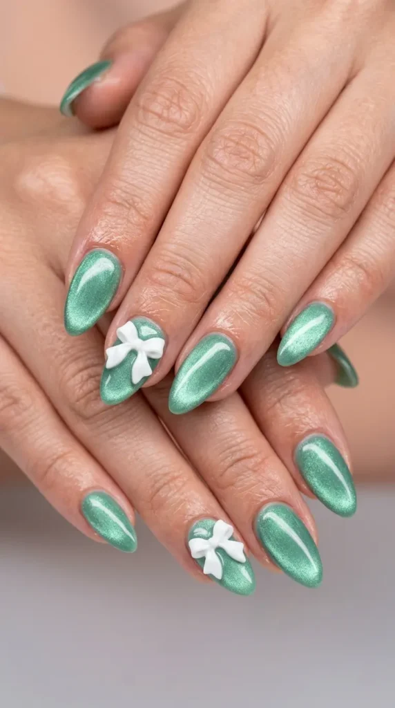 Green Velvet Bow Nails