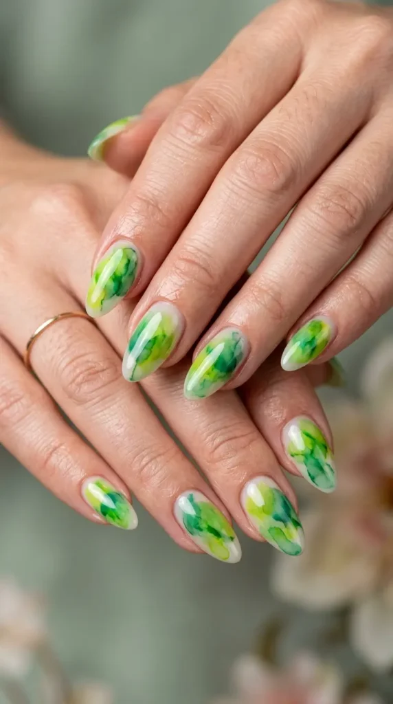 Green Watercolor Acrylic Nails