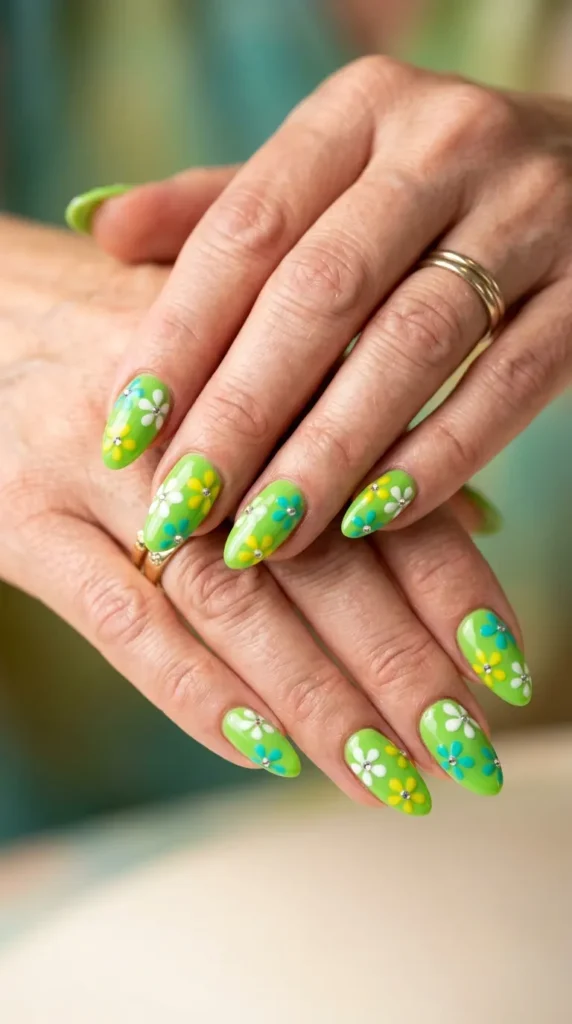 Green Y2K Flower Nails