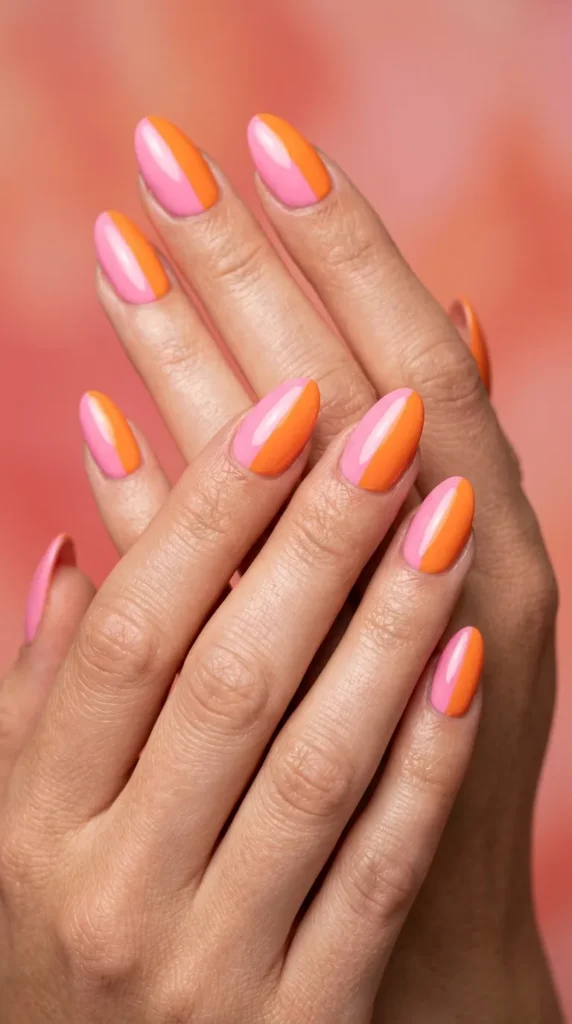 Half pink half orange split nails