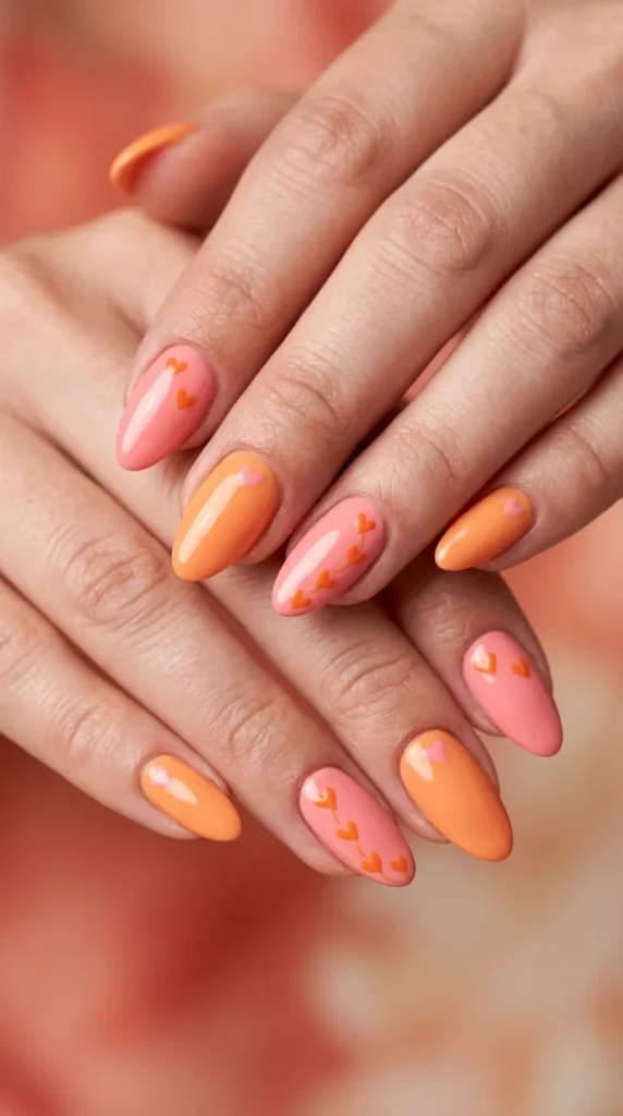 heart accent pinkorange nails