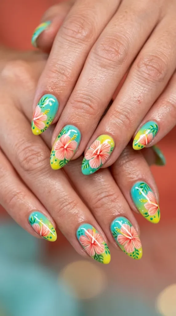 Hibiscus flower tropical nails