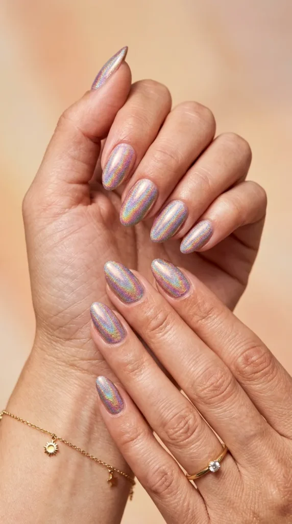 Holographic rainbow shimmer gel nails
