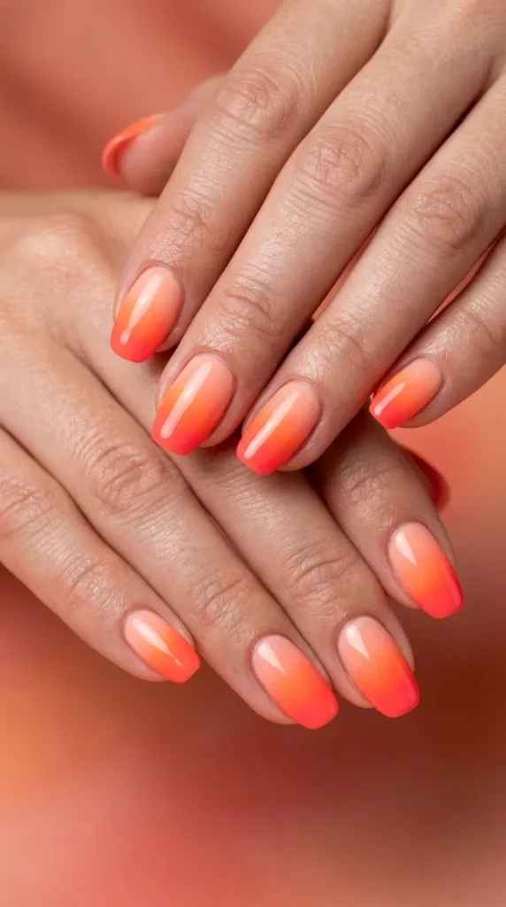 Hot Coral Neon Ombre Nails