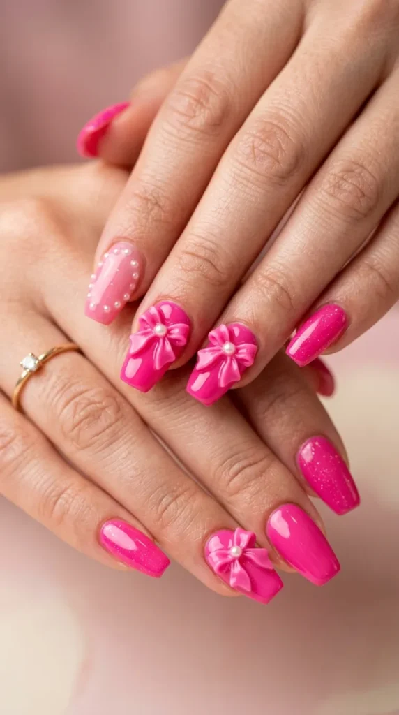 Hot Pink 3D Bow Nails