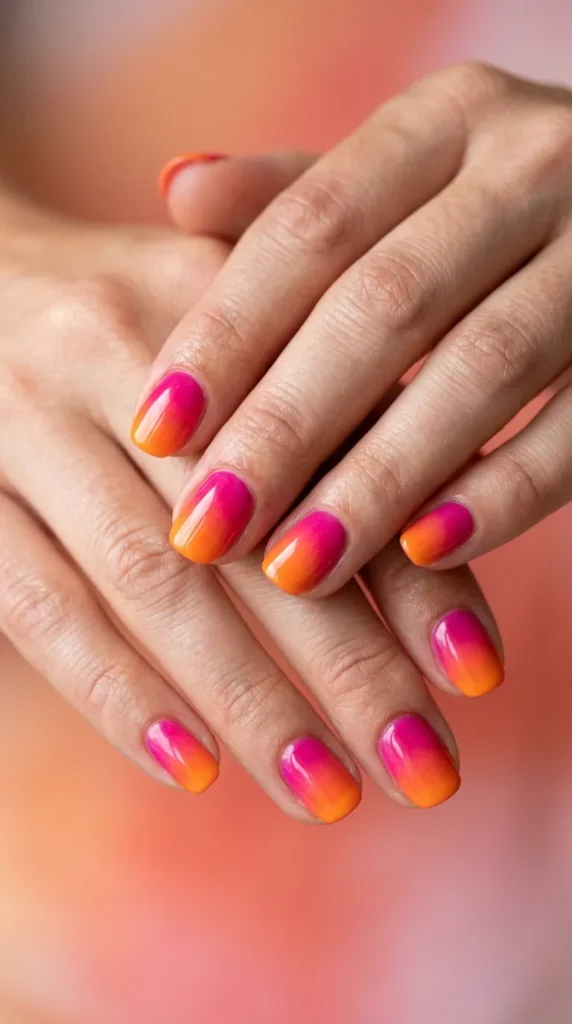 Hot Pink and Orange Sunset Ombre Nails