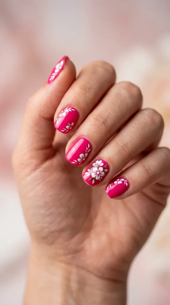 Hot Pink and White Floral Nails