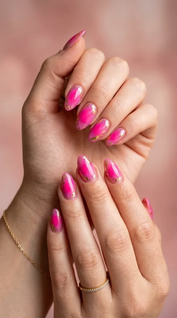 Hot Pink Aura Nails with Gold Foil