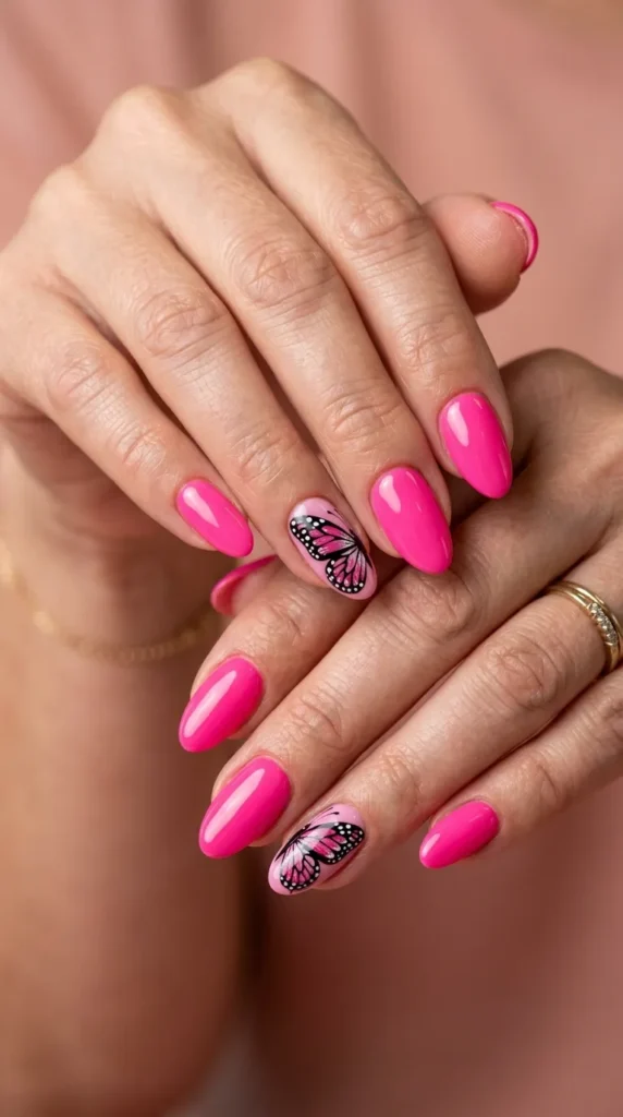 Hot Pink Butterfly Accent Nails