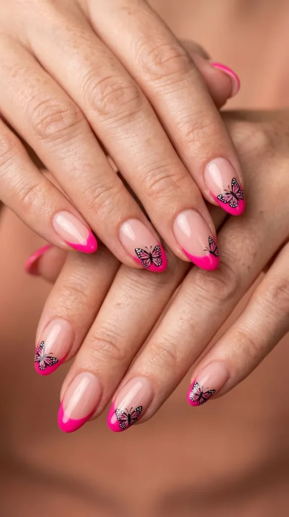 Hot Pink Butterfly French Tips