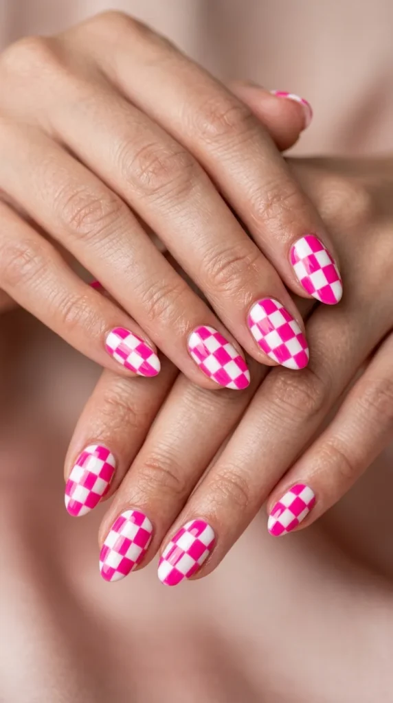 Hot Pink Checkerboard Nails