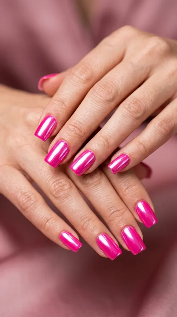 Hot Pink Chrome Square Nails