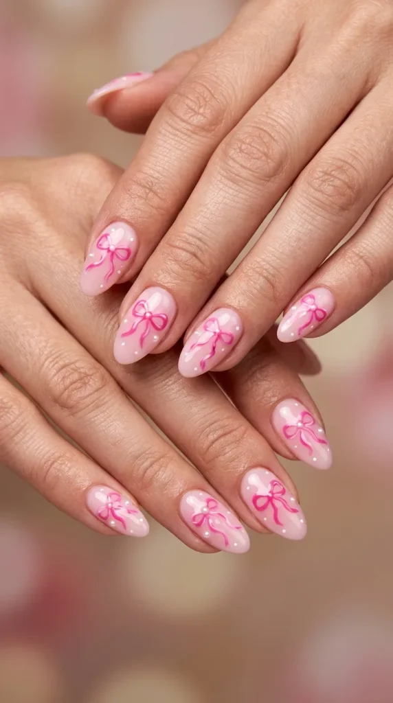 Hot Pink Coquette Ribbon Nails