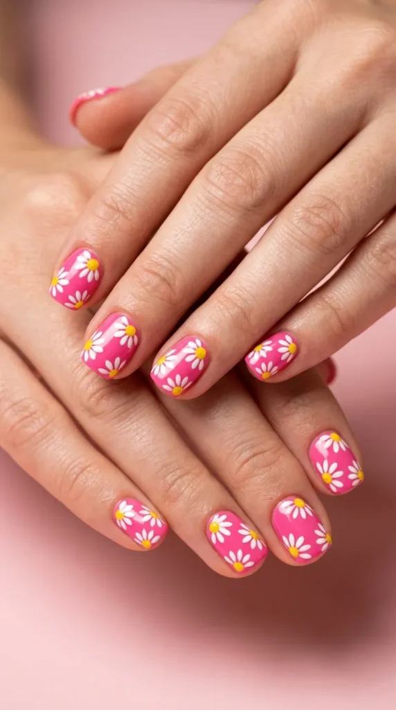 Hot Pink Daisy Nail Art